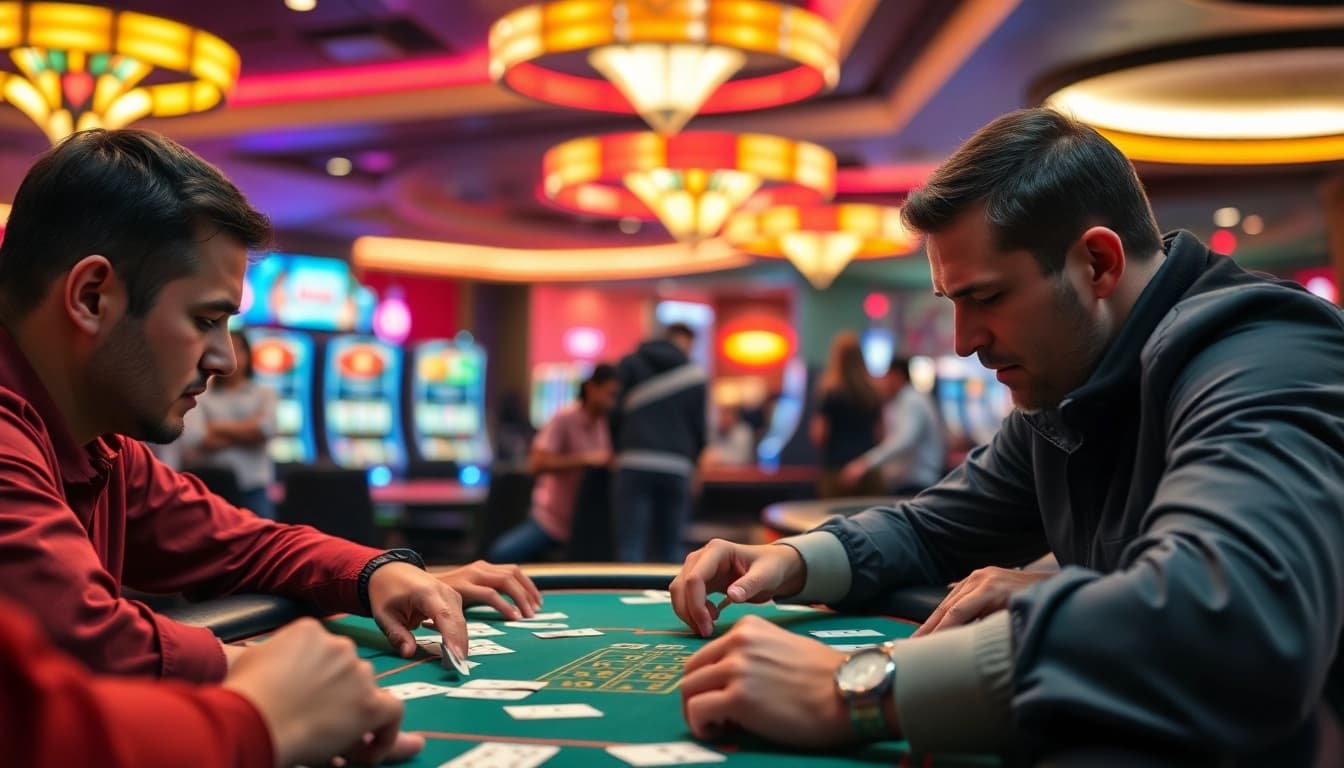 Permainan poker yang menegangkan dengan SBOBET di kasino, menampilkan pemain yang fokus.