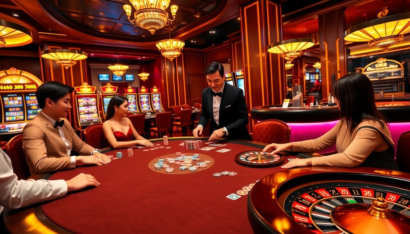 Experience high-stakes gaming at the gi88 poker table with vibrant chips and a roulette wheel.
