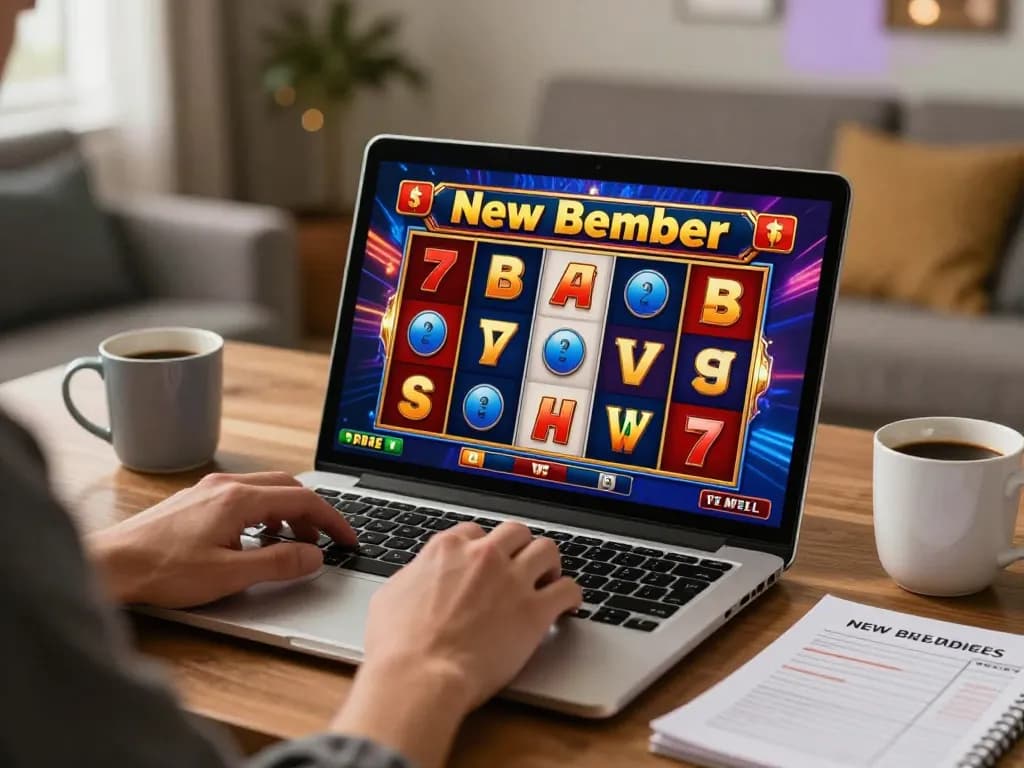 Join the excitement of slot gaming with a bonus new member while using a laptop in a cozy home setting.