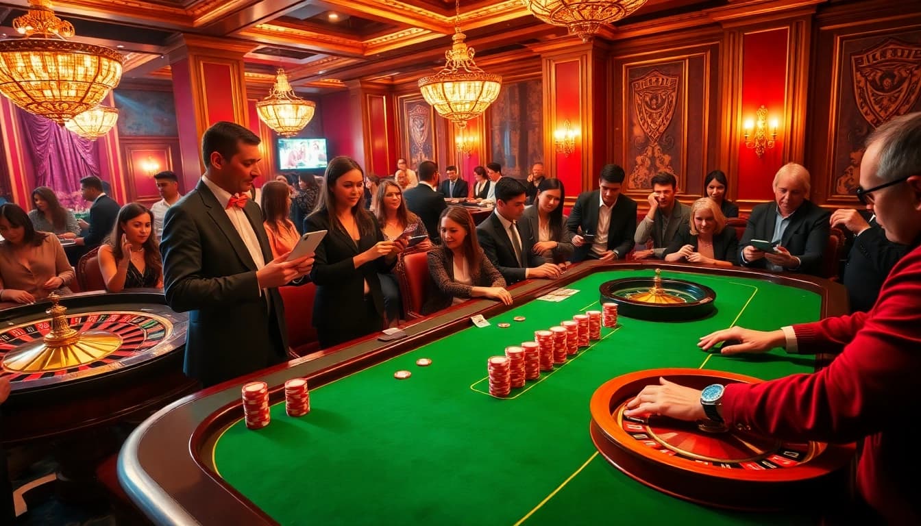 Engage in the thrilling world of Shop tft with an elegant casino scene featuring vibrant gaming tables.