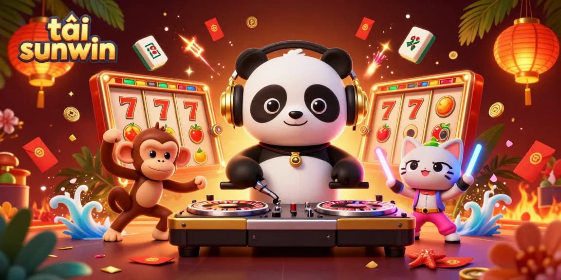Engage with excitement and thrill as you tải sunwin, illustrated with a DJ panda and vibrant casino elements.
