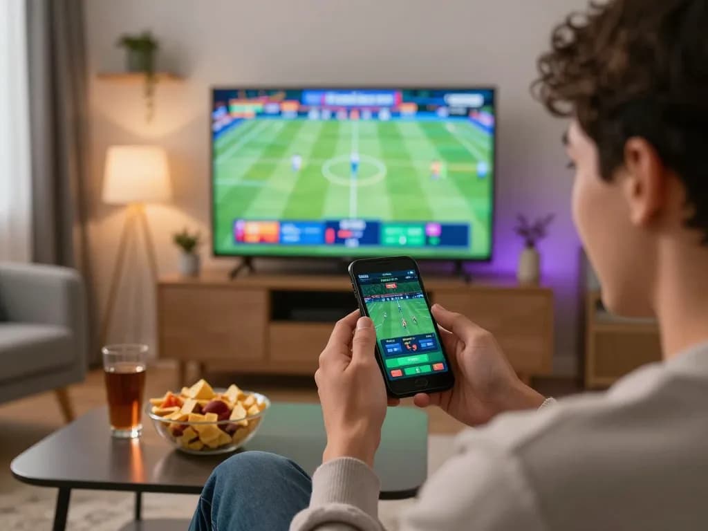 Person using smartphone for live sports betting while watching a game at home, engaging with nddo.