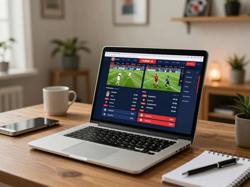 Engaging online sports betting scenario showcasing kèo nhà cái live odds on a laptop screen for football matches.