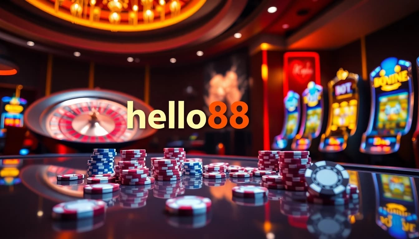 Playing at hello88 bot with vibrant poker chips and a spinning roulette wheel in a luxurious casino setting.
