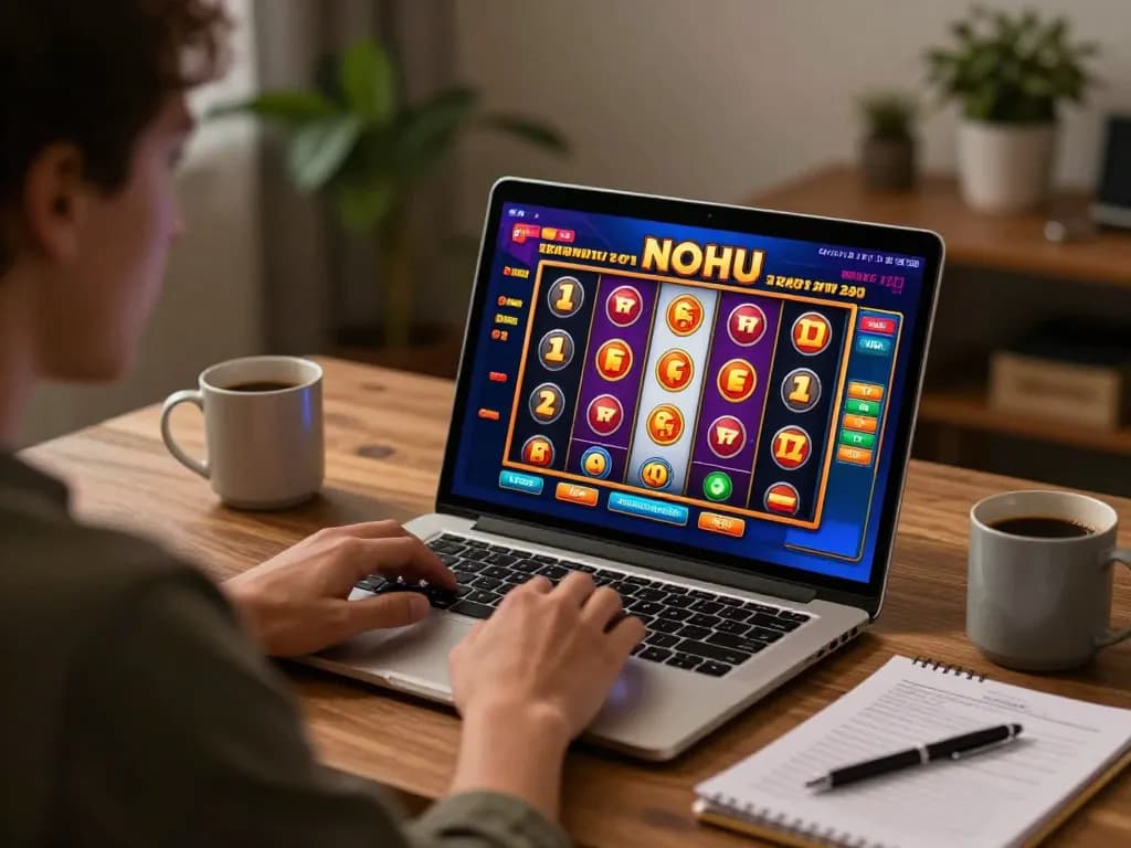 Nohu online gaming session with colorful slot interface, player strategy notes and coffee, cozy home office