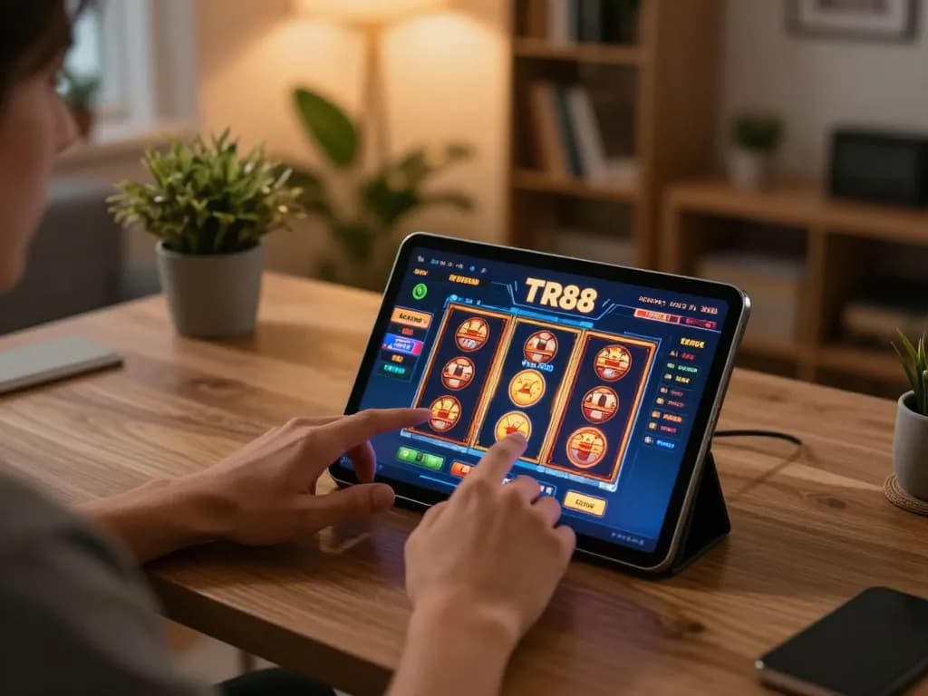 Playing TR88 casino games on tablet in a cozy home office environment, showing excitement and strategy