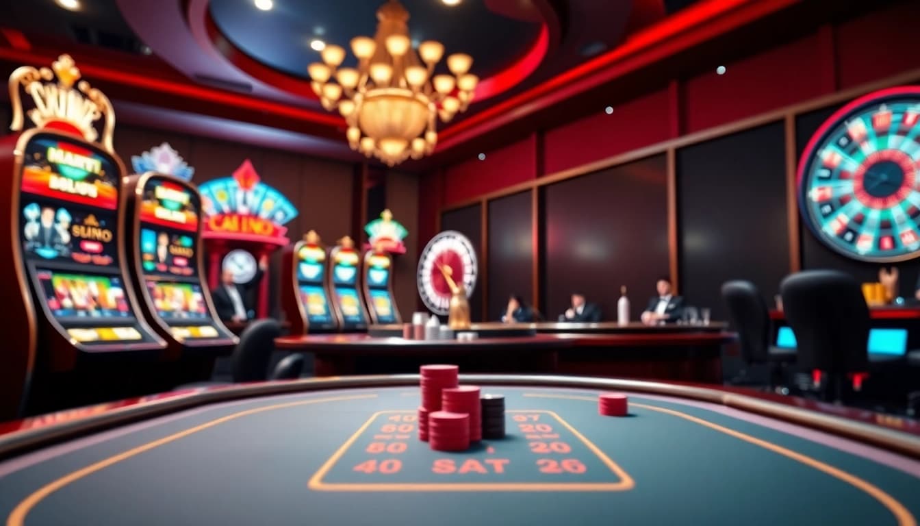 MM88 exciting online casino scene with vibrant slot machines and a spinning roulette wheel.