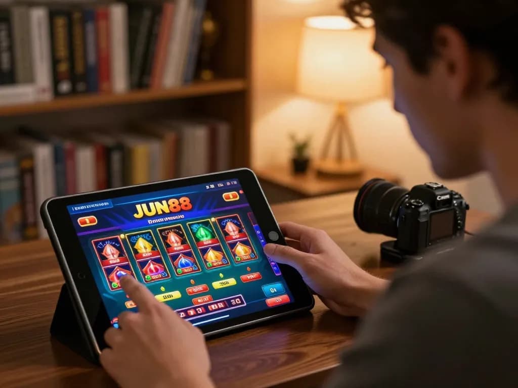 Player engaging with JUN88's online gaming app in a cozy setting, emphasizing strategic gameplay.