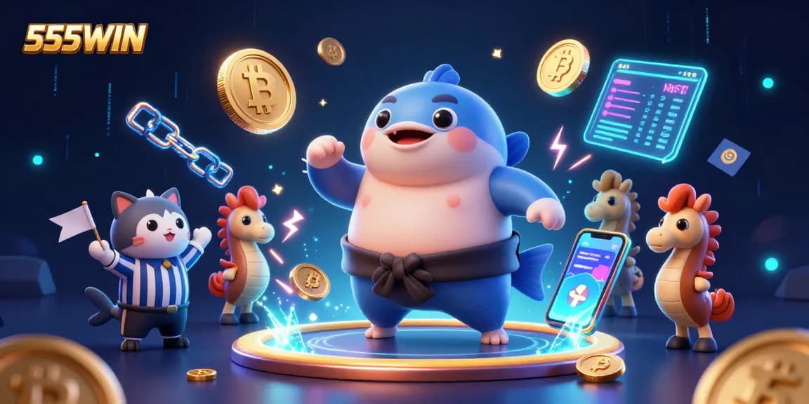 Win big at 555WIN with vibrant casino-themed underwater fun featuring a fugu and seahorses.