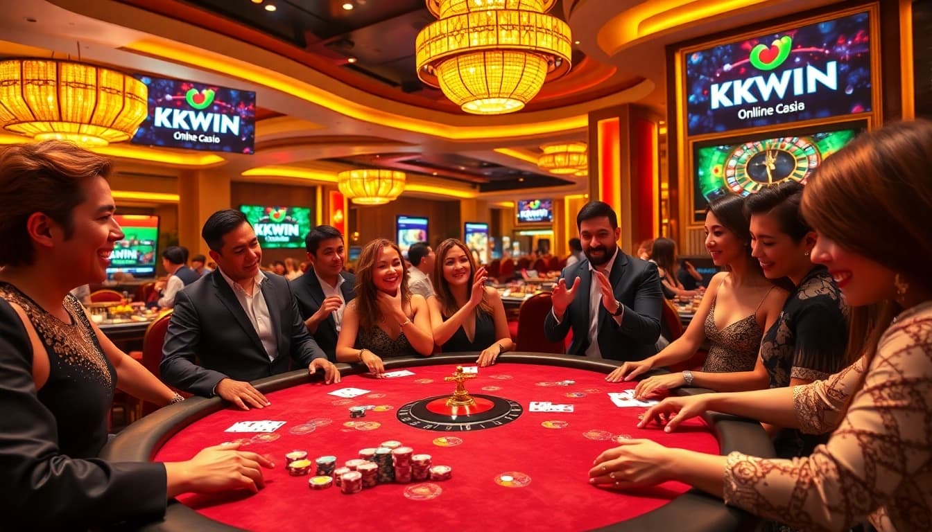 Experience the excitement of kkwin with players at a vibrant poker table in a luxurious casino setting.