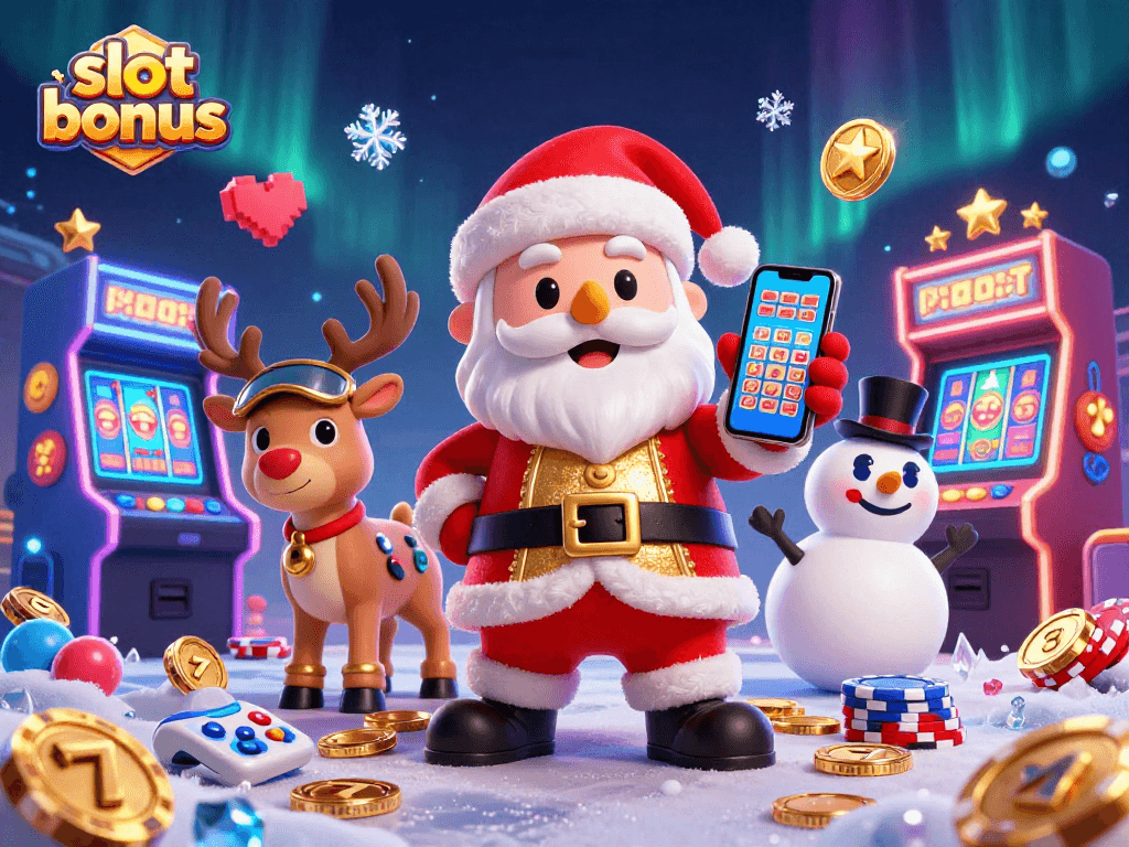 Play and win with slot bonus; 3D Santa, reindeer, and snowman in vibrant casino scene.
