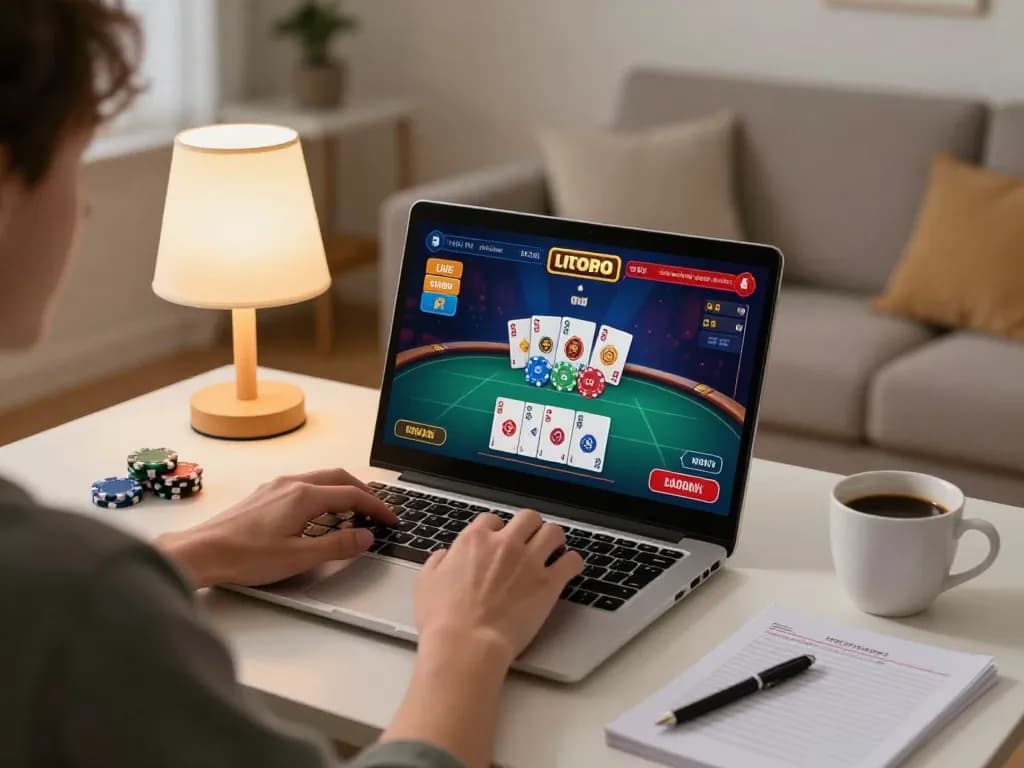 Engaging online gaming session with a player using OK8386 platform on laptop, showcasing a lively poker interface.