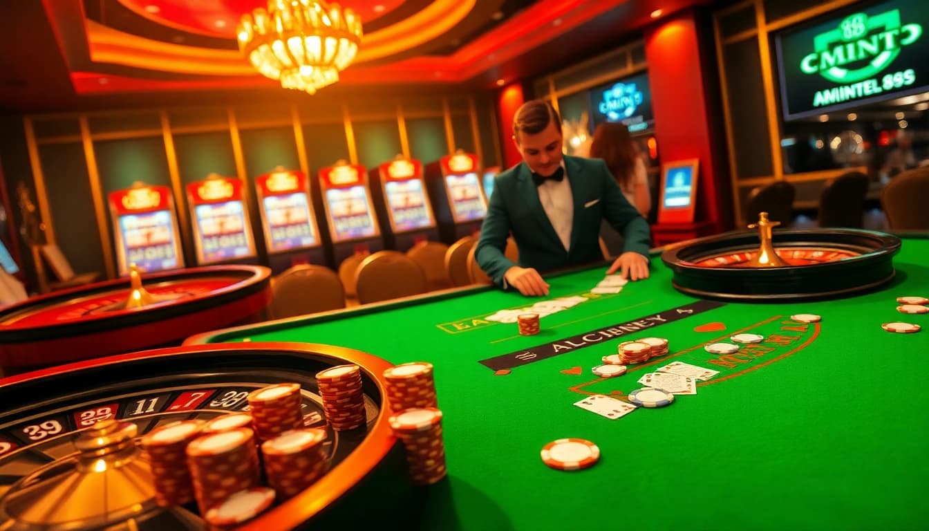 Players at a mint88 blackjack table enjoy an exciting casino experience with a professional dealer.
