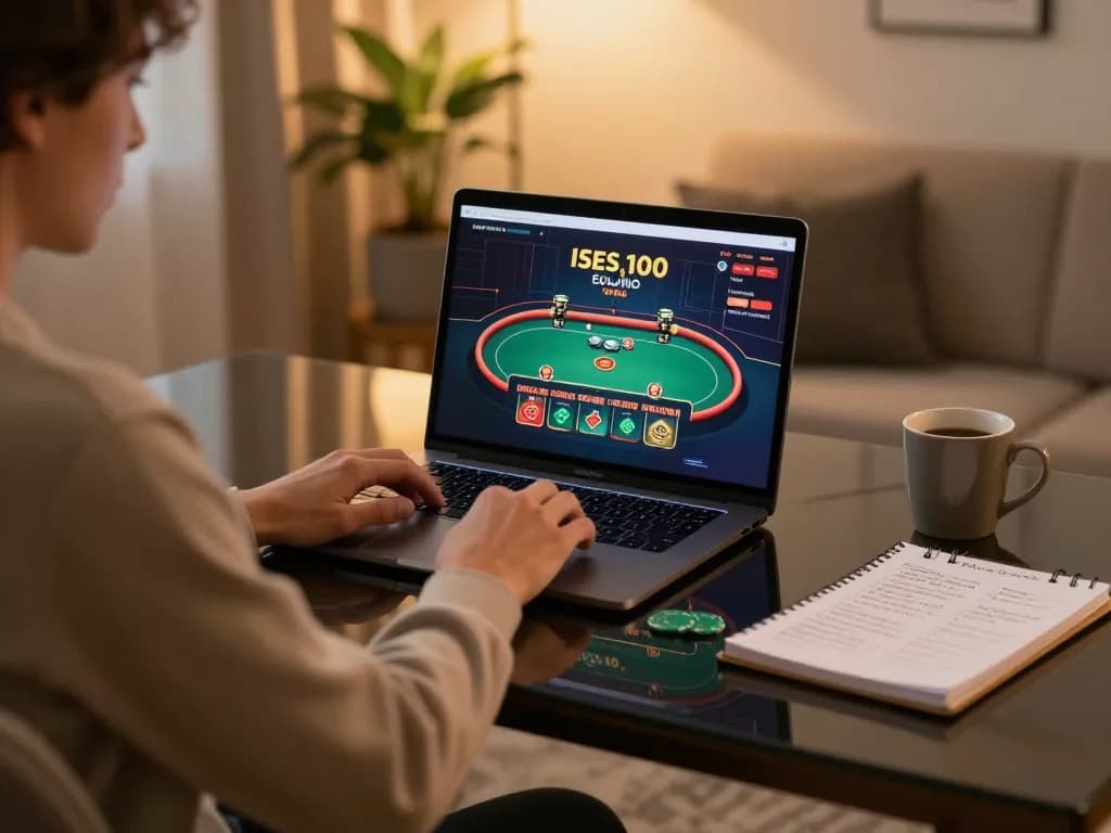 WIN678 player enjoying live casino gameplay on laptop in a cozy setting with strategy notes