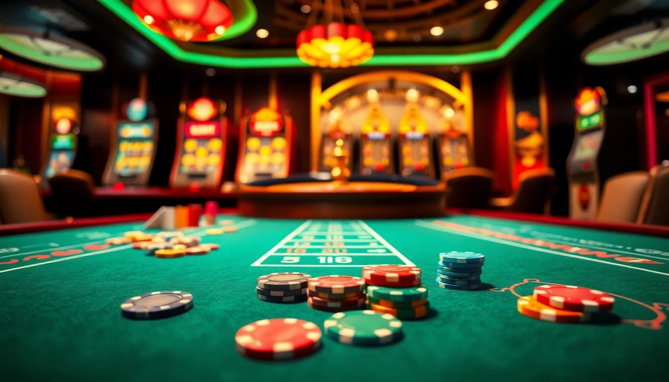 Engaging f168 casino table scene with luxurious poker chips and a roulette wheel.