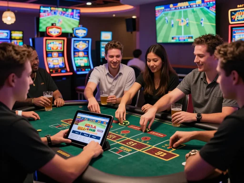 Players enjoying diverse games at 88AA online casino, vibrant atmosphere with live betting and colorful slots.