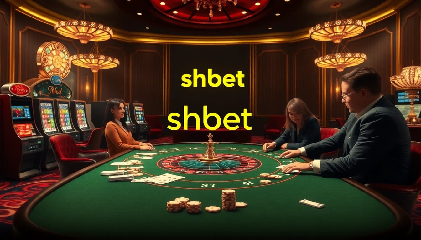 Engage with shbet in a luxurious casino setting featuring poker tables, slot machines, and betting slips.