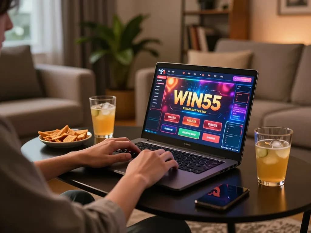 Player engaging with WIN55 online casino on laptop in cozy setting, showcasing responsible gaming.