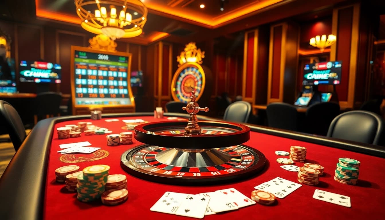 Bong88 players engaging at a festive casino table with vibrant poker chips and cards.