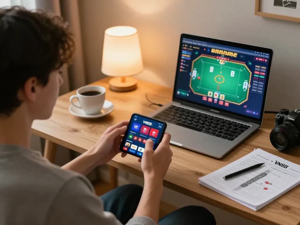 Engaging with the VN88 mobile casino app in a cozy home setting for responsible gaming.