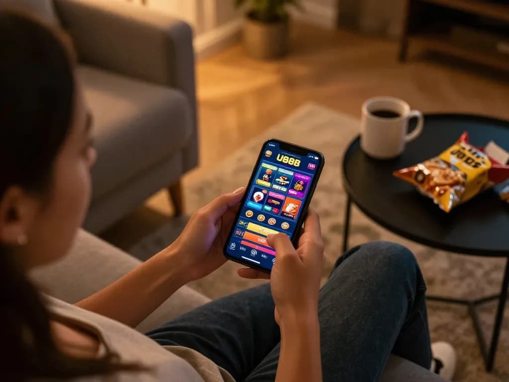 Person using the U888 app for mobile gambling in a cozy home setting, highlighting online gaming atmosphere.