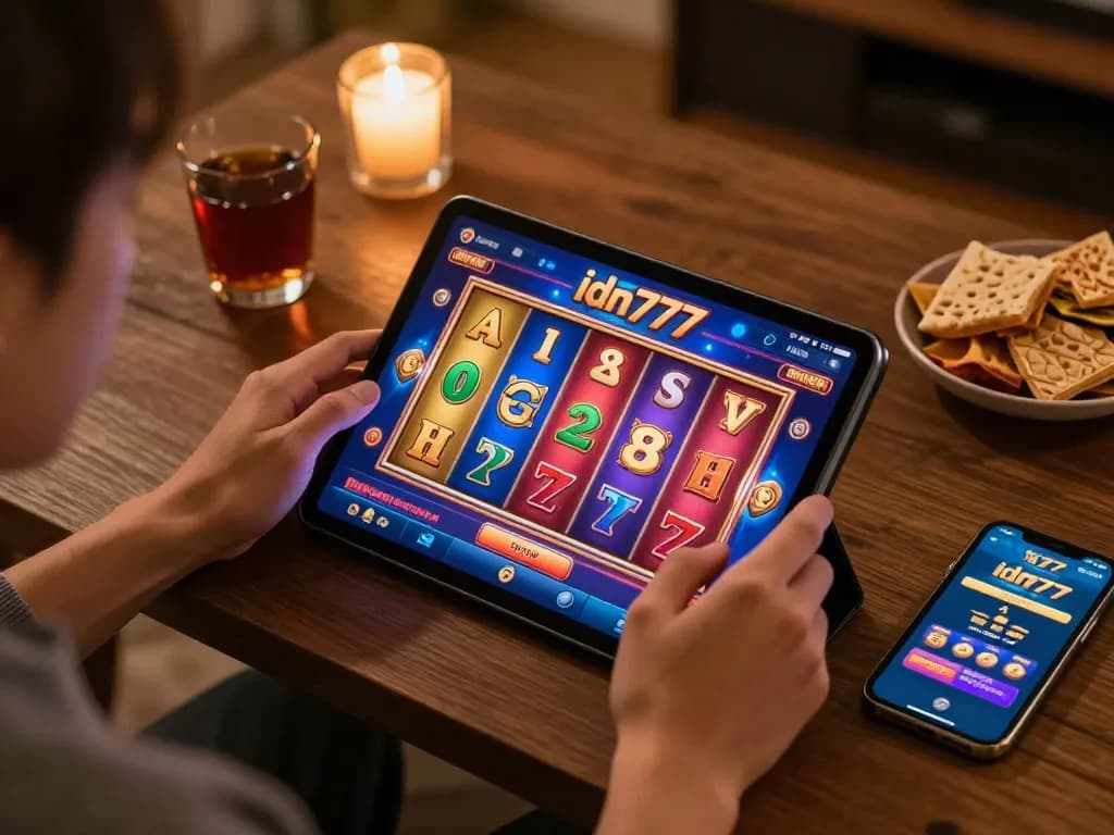Pemain menikmati permainan slot melalui aplikasi idn777 di tablet dalam suasana rumah yang nyaman.