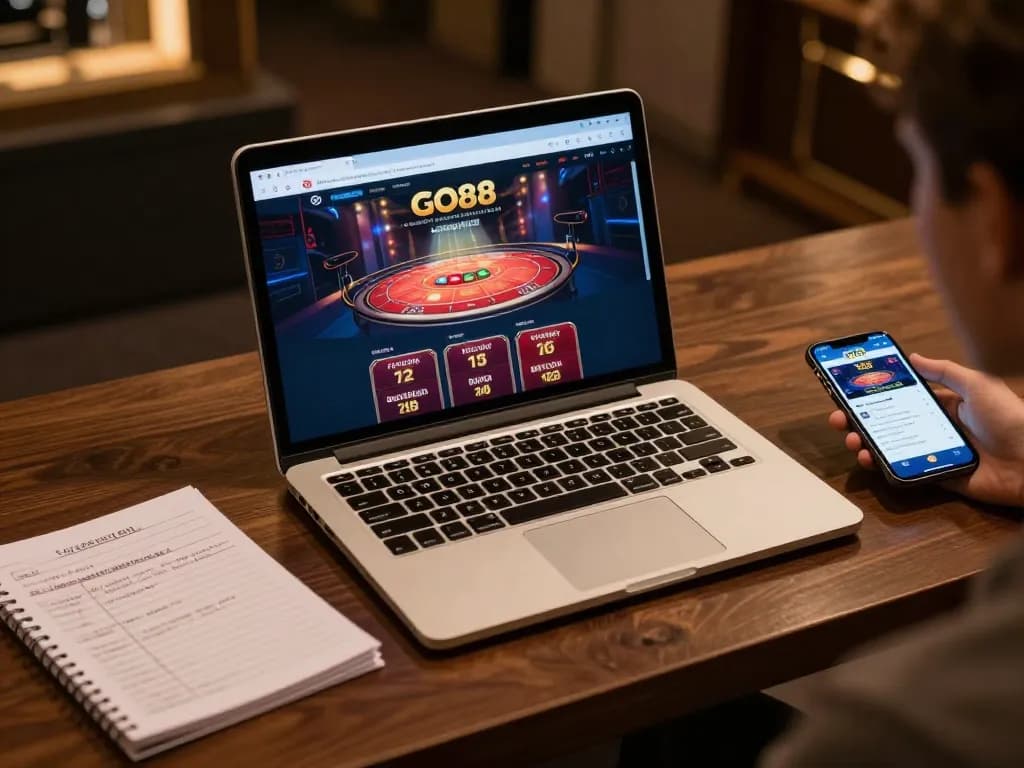 Person engaging with GO88 online casino on a sleek laptop, illustrating strategic gameplay and responsible gaming.