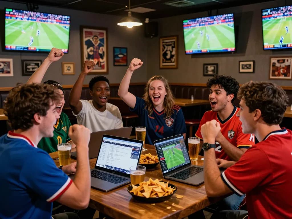 Friends celebrating sports betting on debet in a lively bar scene.