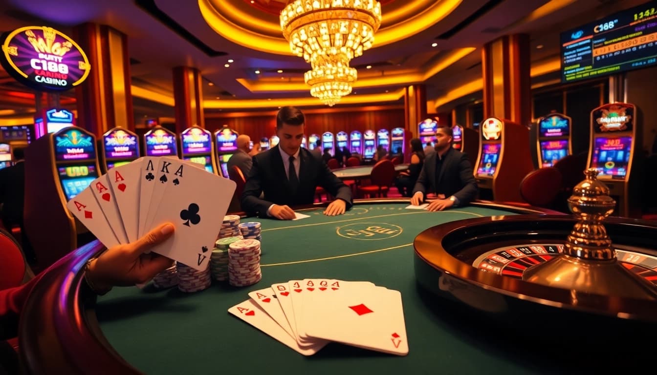C168 players engaging in a thrilling poker game with vibrant casino elements and illuminated slot machines.
