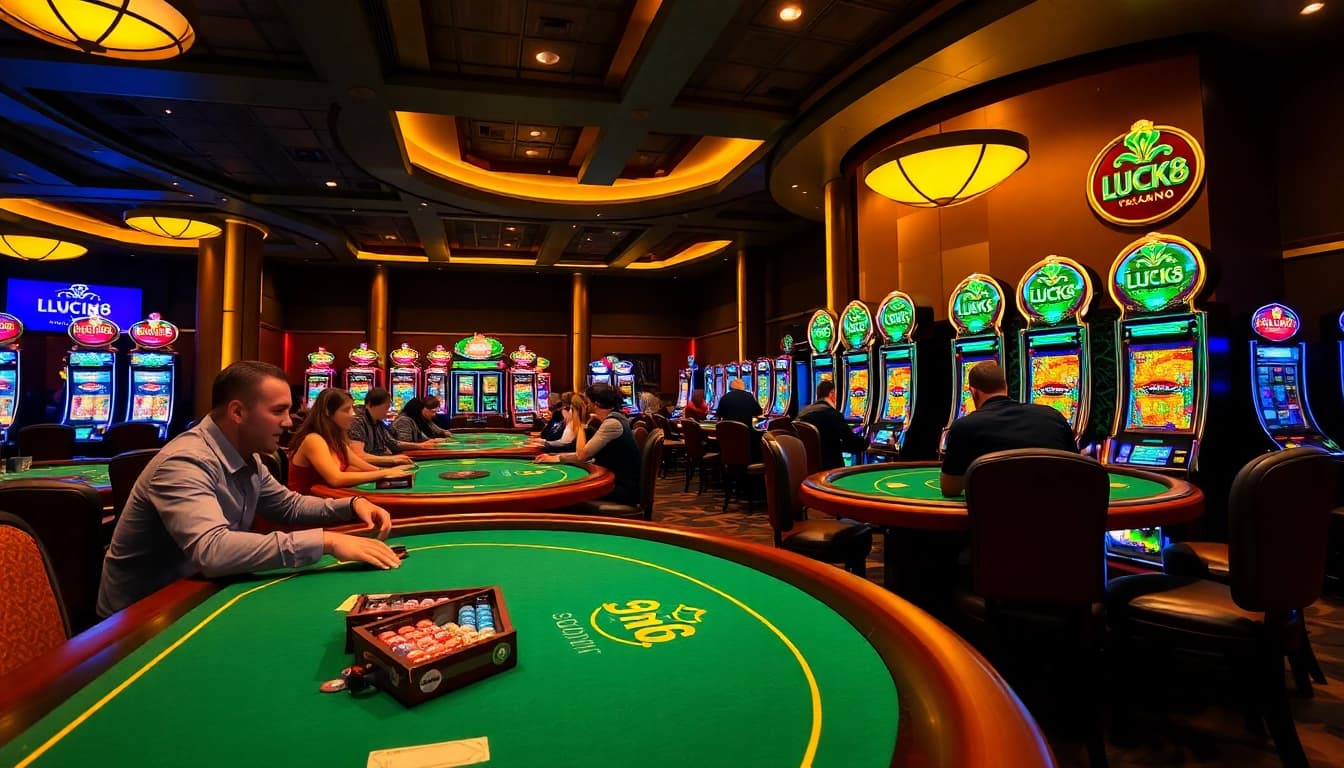 Exciting scene at LUCK8 casino with vibrant gaming tables and enthusiastic players.