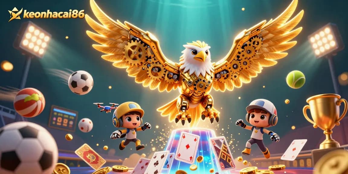 Engage with the action of keonhacai86 sports betting, featuring vibrant dynamic elements and a cybernetic eagle.