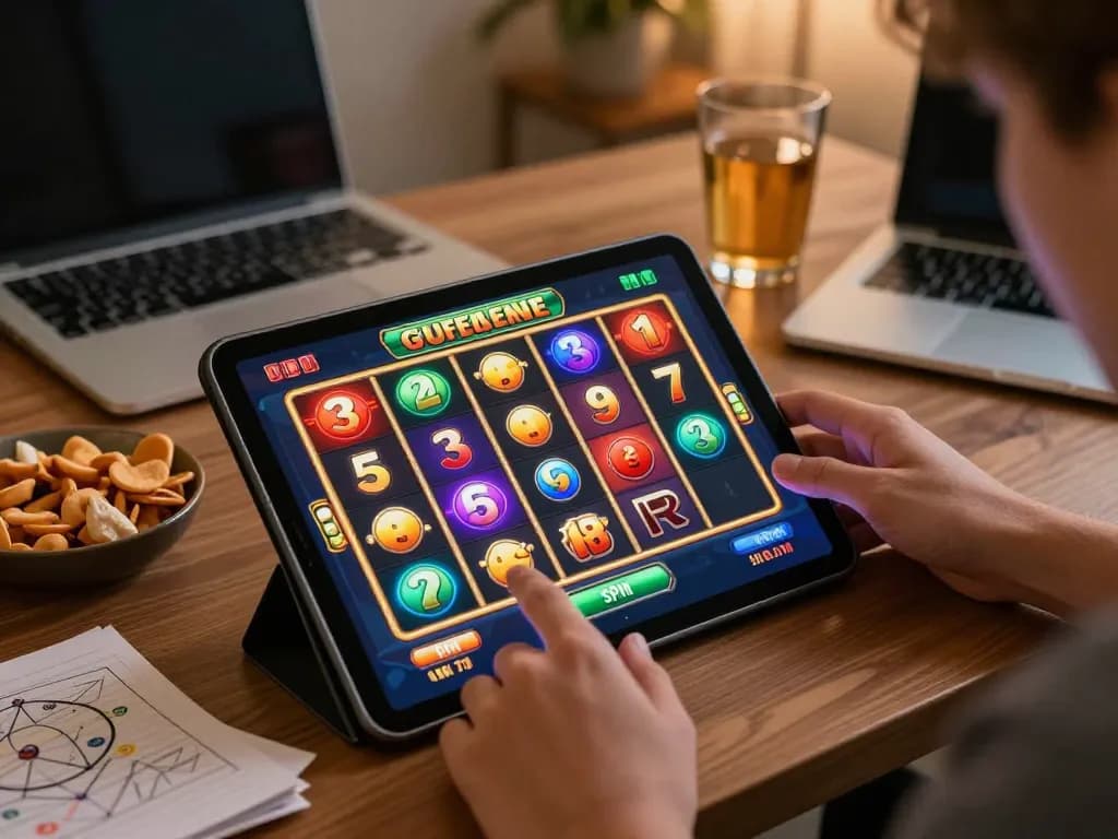 Engaging in slot online gameplay on a tablet, colorful reels and animated symbols creating excitement at home.