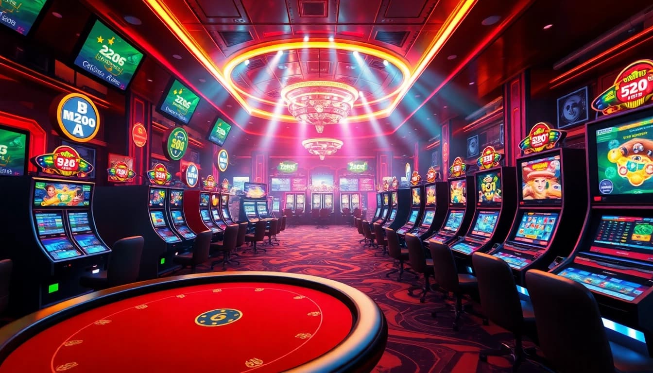 ST666 RUCOM platform showcasing a vibrant, futuristic casino environment filled with exciting gambling elements and high-tech interfaces.