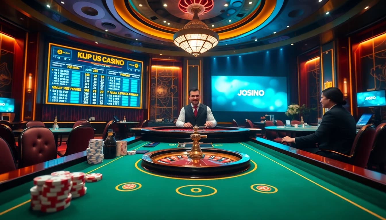 Experience the thrill of KJC US COM in a luxury casino setting with poker chips and roulette.