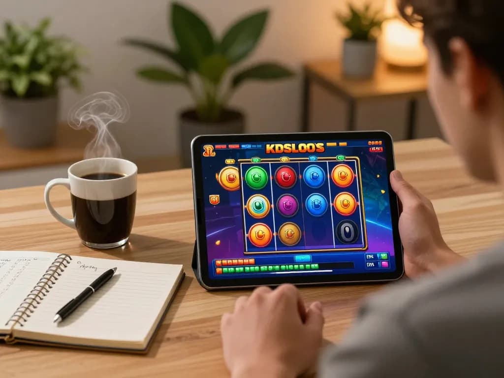 KDSLOTS gaming on a tablet in a cozy home office with vibrant slot graphics.