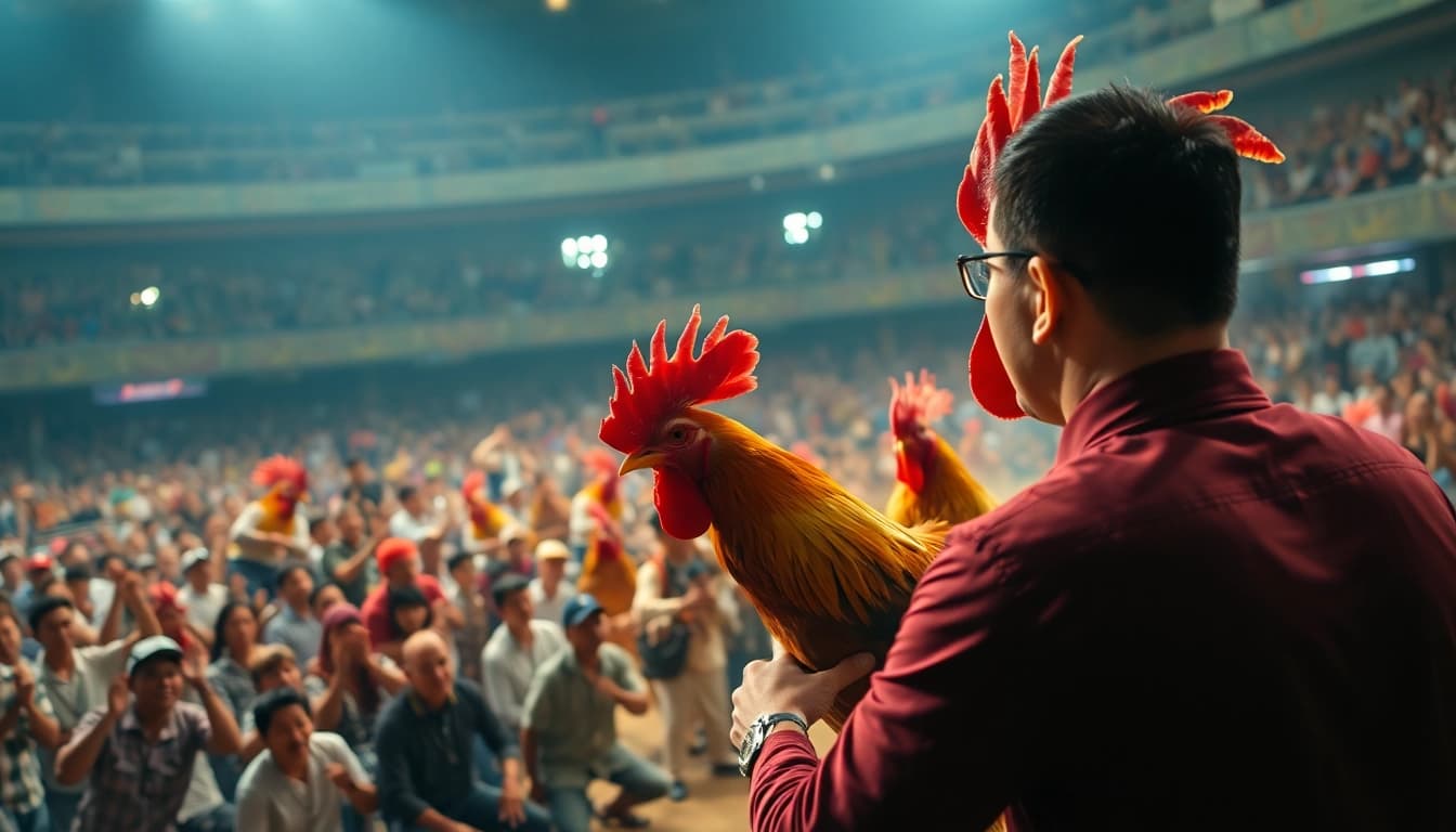 Exciting live sabong 67 cockfight scene with colorful roosters and cheering spectators.