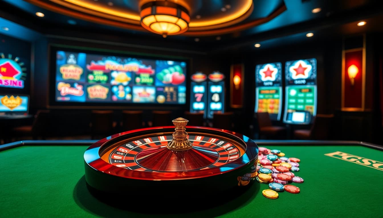Experience the excitement of PGSLOT IN with vibrant casino visuals featuring a roulette table and digital slot graphics.