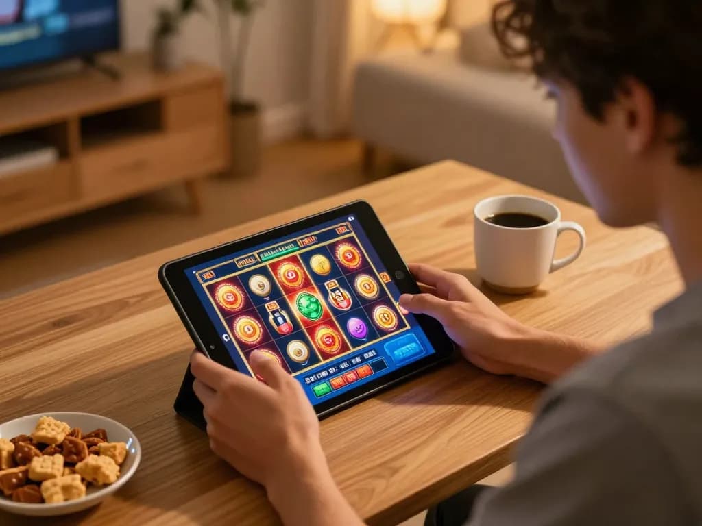 Engaging in an exciting slot game on a tablet, enjoying gincal's thrilling gameplay.