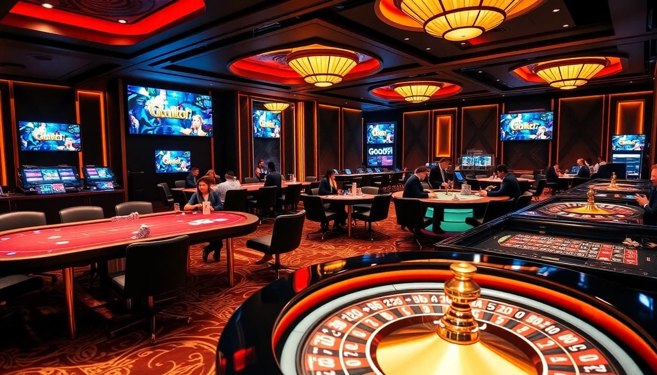 Exciting casino action at GO99 featuring roulette and poker on a luxurious gaming floor.