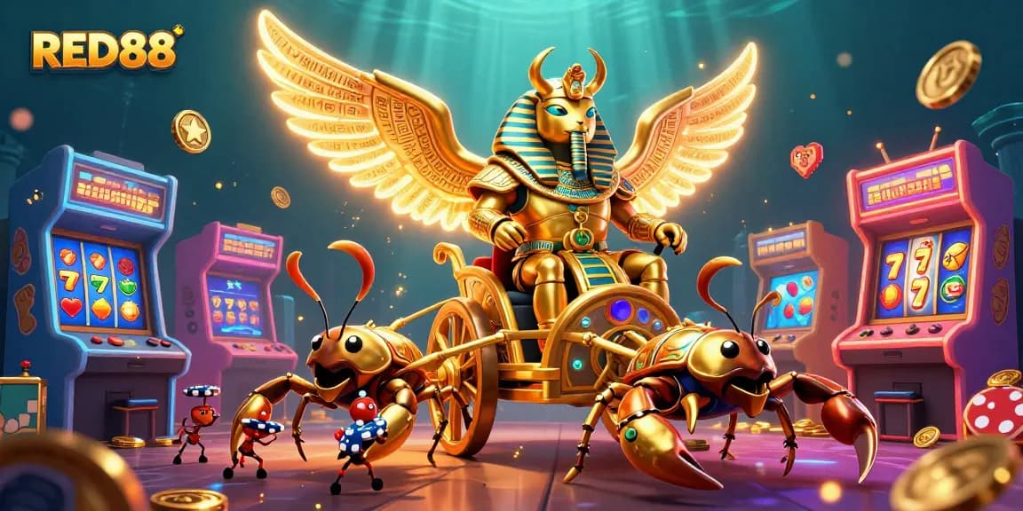Experience RED88’s vibrant atmosphere with a golden scarab beetle and slot machine elements.