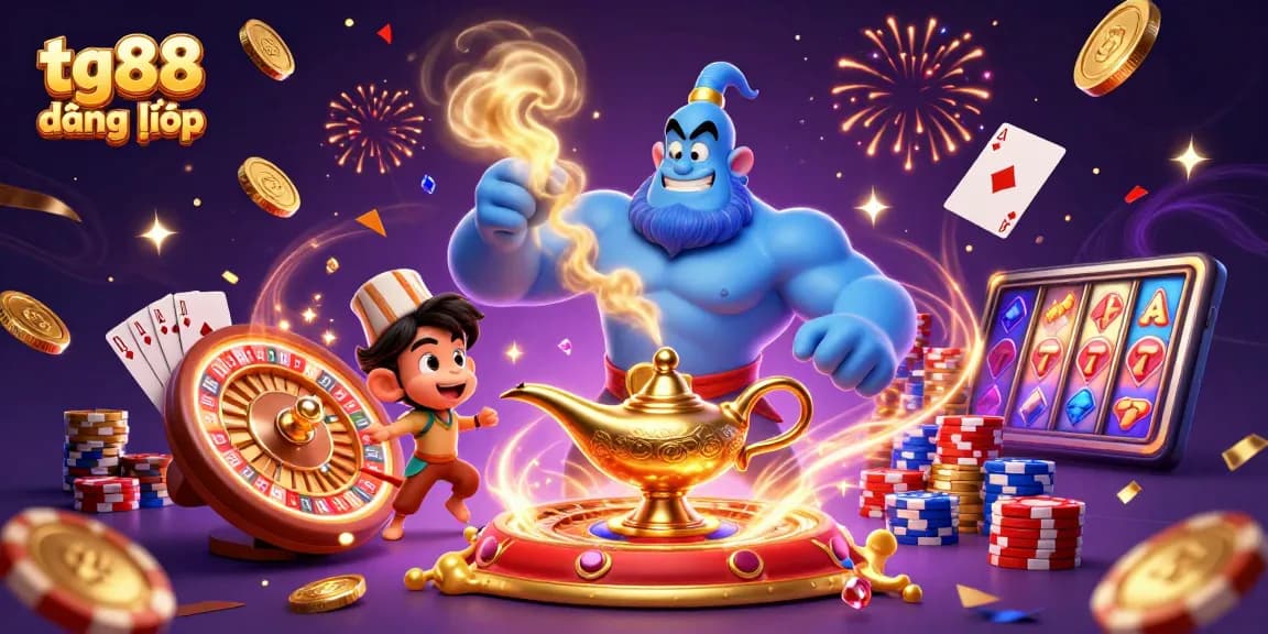Join the excitement of tg88 đăng nhập with a vibrant scene of casino elements and playful characters.