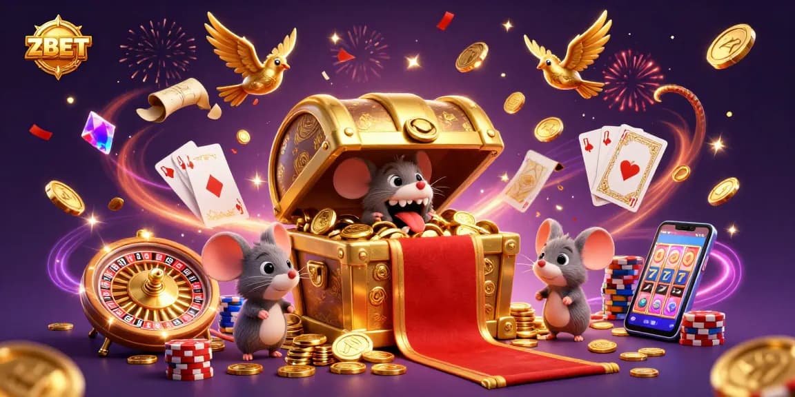 ZBET offers thrilling rewards with a treasure chest mimic, enticing adventurer mice amidst roaring casino excitement.