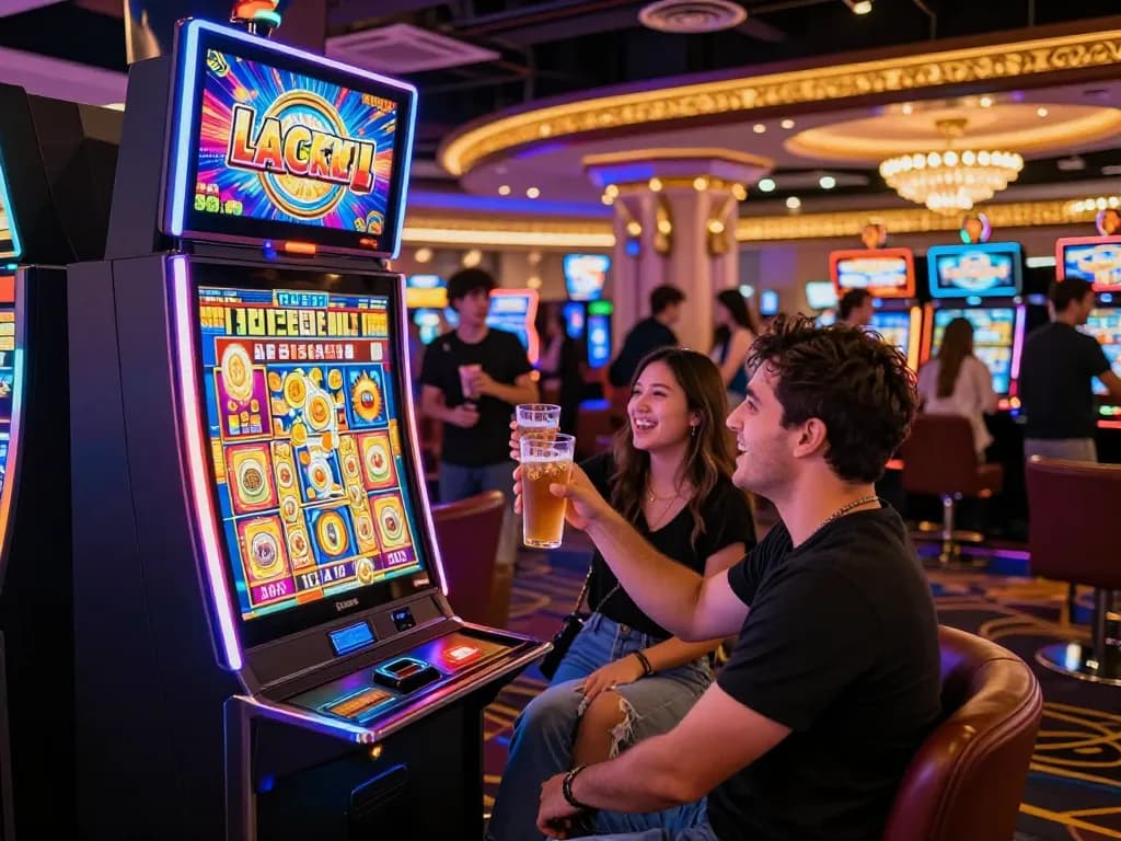 Lucky88 jackpot celebration at a vibrant casino slot machine with players enjoying the thrill.