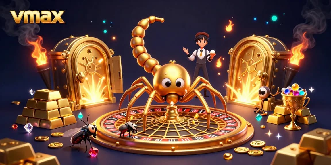 Engage with vmax's thrilling environment, featuring a gambling-themed scene with vibrant characters and gold elements.