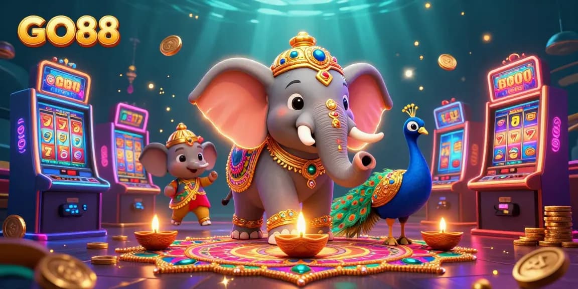 Spinning the reels at GO88's vibrant slots, featuring golden elephant and peacock, promises thrilling jackpots.