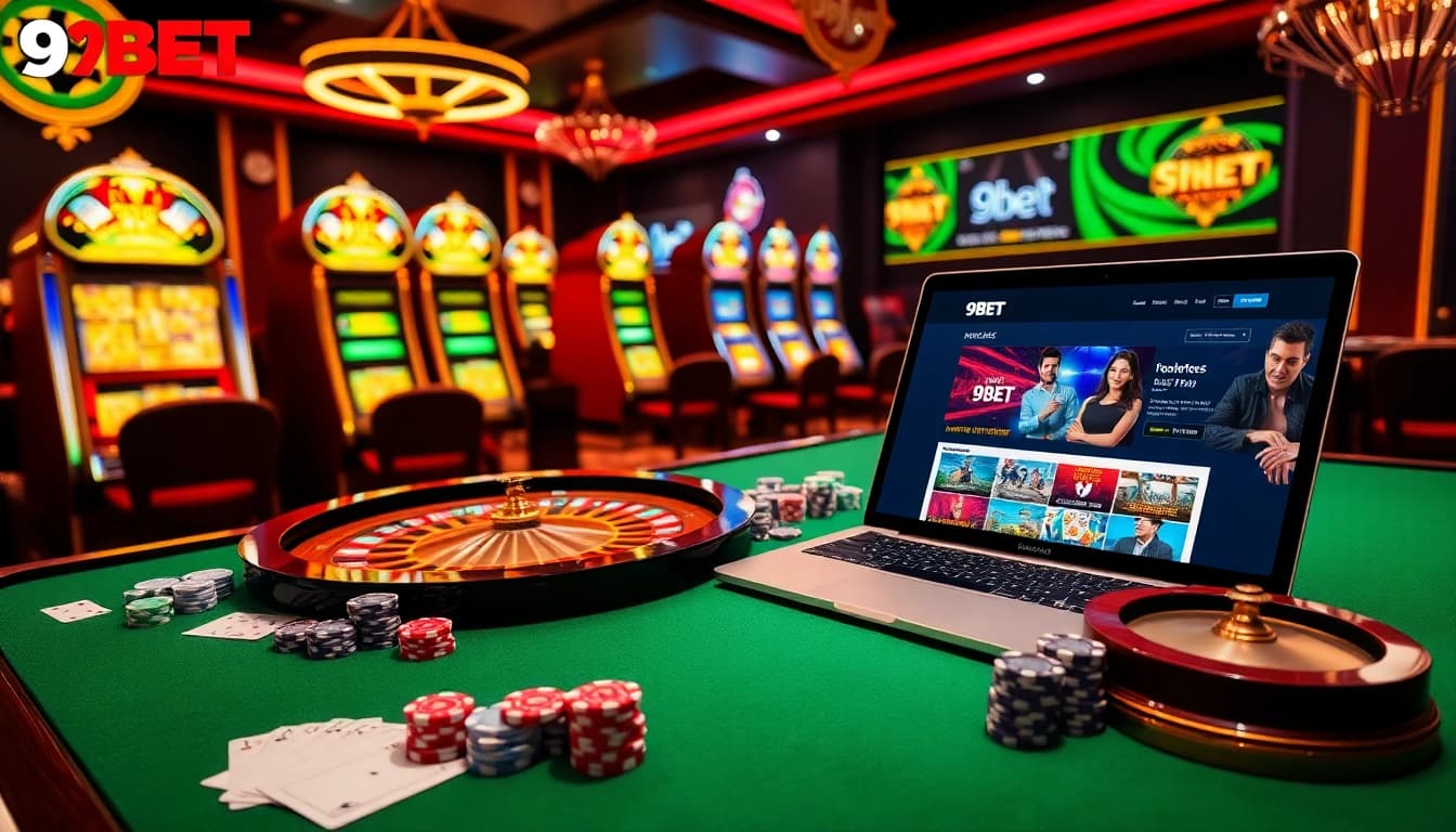 Intense gameplay at 9BET featuring poker chips, cards, and roulette wheel in a luxurious casino setting.