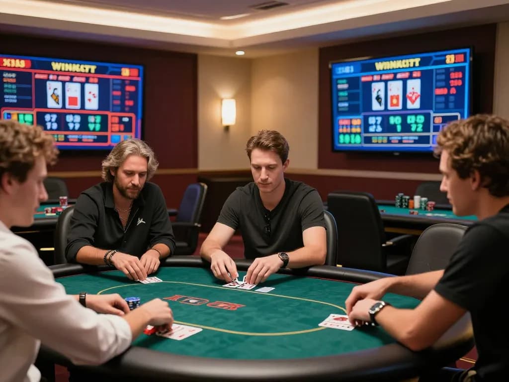 Win678 players engaged in a competitive poker game in an elegant casino setting.