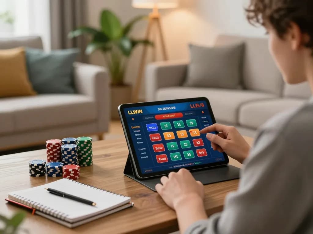Player enjoying LLWIN casino games on tablet in cozy living room, highlighting strategic online gambling.