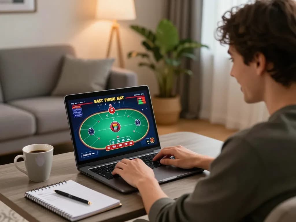 Person engaging with online tr88 poker game on laptop in a cozy living room.