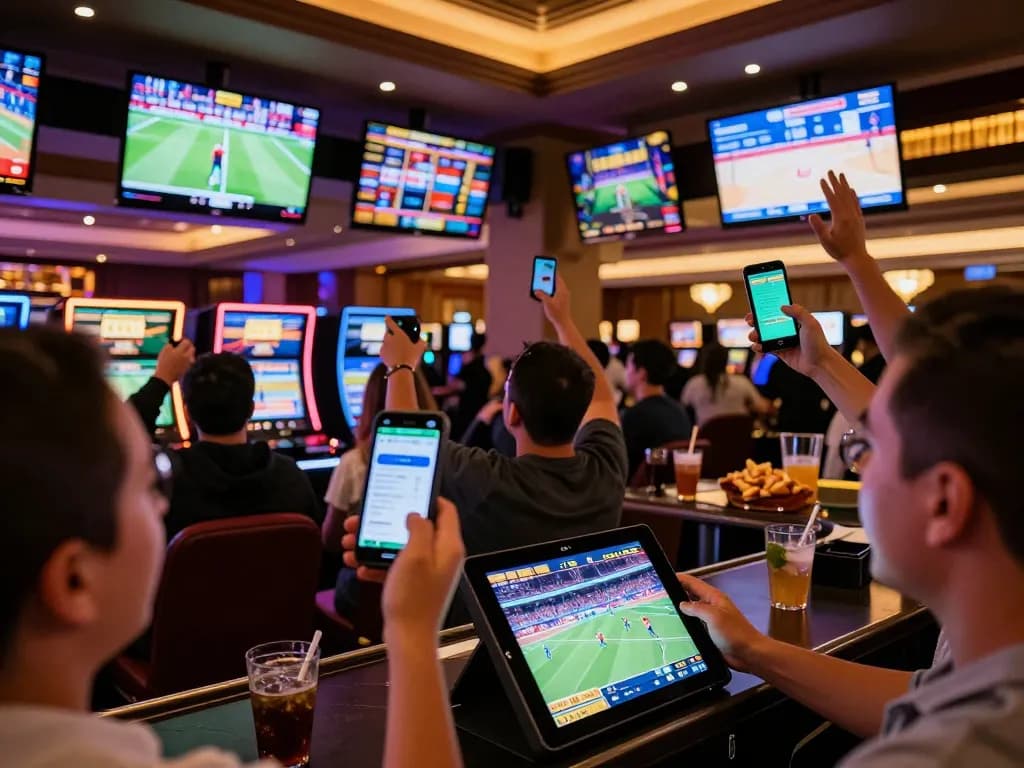 Engaged sports bettors using may88 app on mobile while cheering for live sports event in a vibrant casino atmosphere.